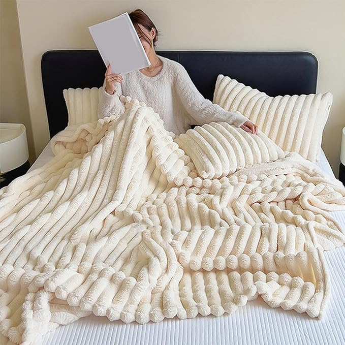Luxurious Faux Rabbit Fur Throw Blanket + 2 Pillowcases
